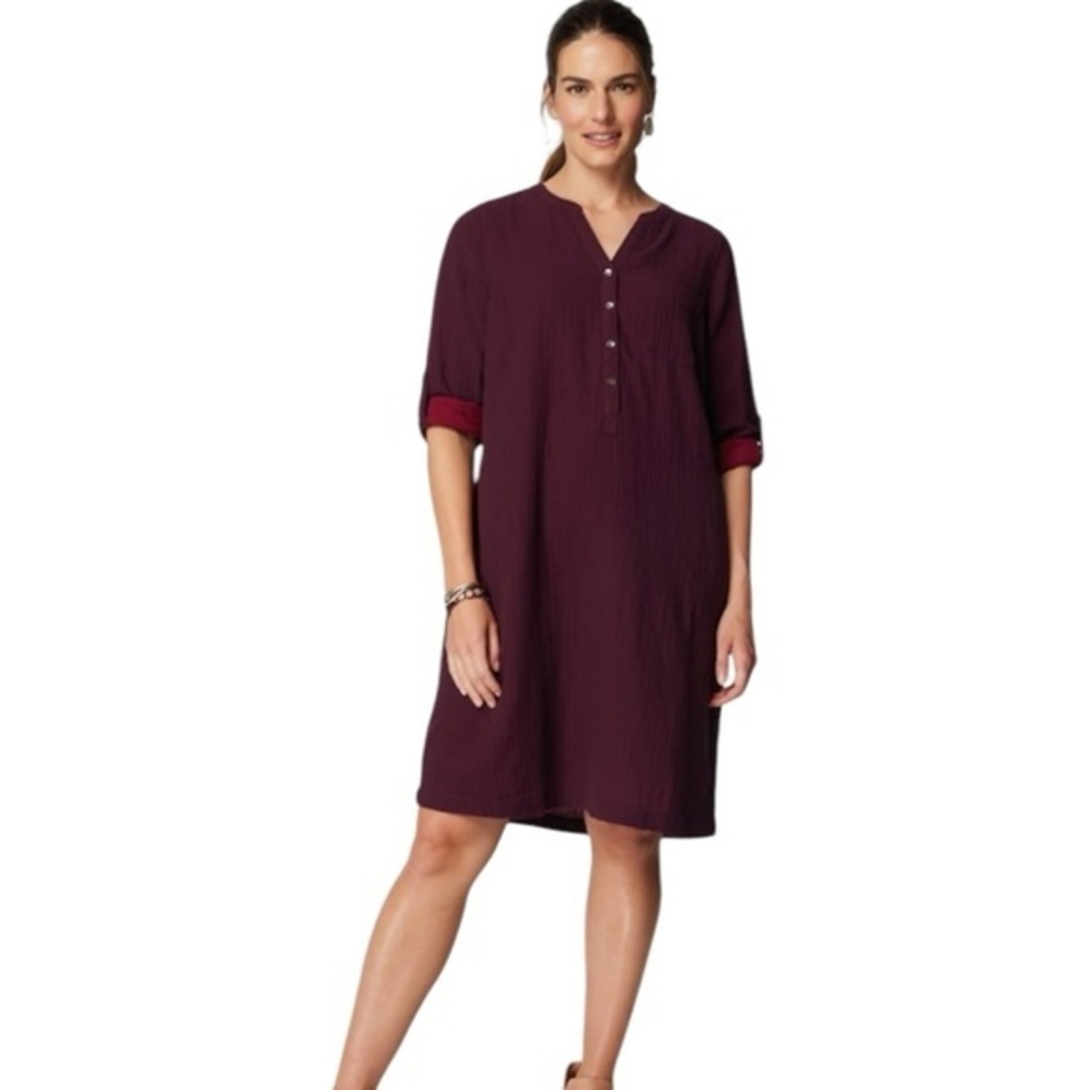 Orvis Burgundy Short Sleeve Shirt Dress / Shift Size L Button Front with Pockets